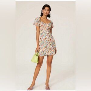 Andamane Daisy Mini Dress $340 Retail Floral Puff Sleeve Cottagecore Blue Red
